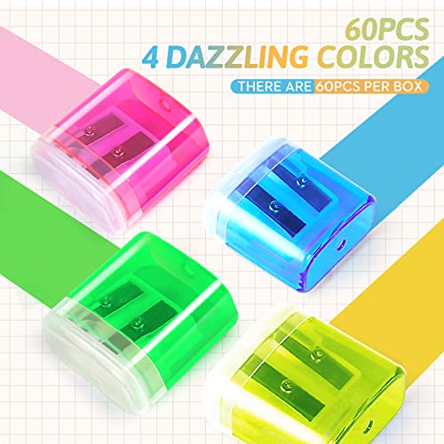 Shemira 60 Pack Pencil Sharpeners Bulk, Manual Pencil Sharpener for Kids, Double Hole Handheld Portable Pencil Sharpener, Great for School Classroom Supplies, Office, Home, 4 Colors