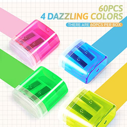 Shemira 60 Pack Pencil Sharpeners Bulk, Manual Pencil Sharpener for Kids, Double Hole Handheld Portable Pencil Sharpener, Great for School Classroom Supplies, Office, Home, 4 Colors