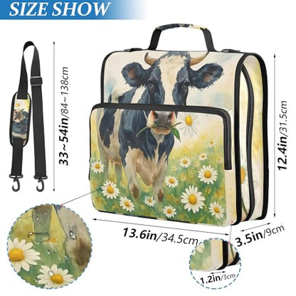 Daisy Flower Cow Zipper Binder with Shoulder Strap, 500 Sheets Capacity, Multiple Pockets 1.5Inch 3 Ring Zipper Binder - color: Daisy Flower Cow