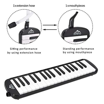 EastRock 37 Key Melodica Instrument Air Piano Keyboard Soprano style Pianica with Mouthpiece Tube Sets and Carrying Bag Black - color: Black, size: 37key