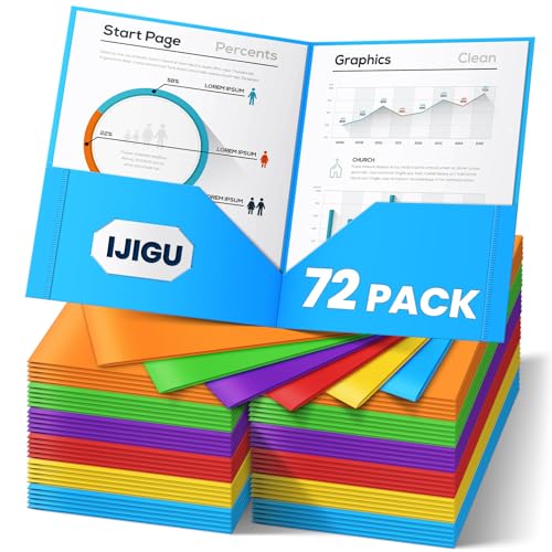IJIGU 72 Packs Plastic 2 Pocket Folders, Bulk Heavy Duty Folder in 6 Colors, Durable and Sturdy Folders for School and Office Supplies