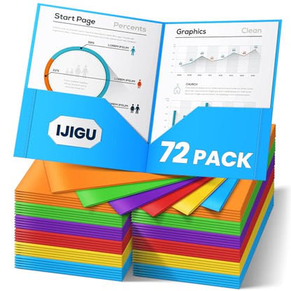 IJIGU 72 Packs Plastic 2 Pocket Folders, Bulk Heavy Duty Folder in 6 Colors, Durable and Sturdy Folders for School and Office Supplies