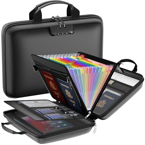 Fireproof File Organizer with Lock, Hard Case Fireproof Document Box with 13 Colorful Pockets Accordion File Folder, Important Document Organizer for Letter A4 Files Laptop Passports (Black) - color: Black, style: 13 Pockets, Colorful