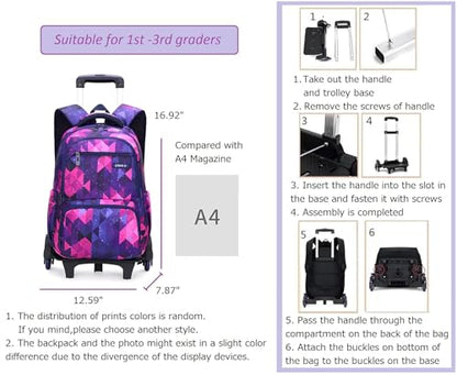 Geometric Rolling Backpack for Girls Kids Backpack with Wheels Roller School Bag Wheeled Bookbag - color: Purple, size: Small