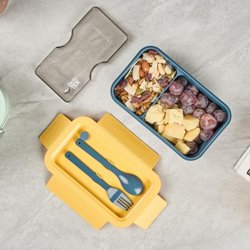 Restaurantware-Bento Tek 28.7 Ounce Bento Boxes, 10 Reusable Lunch Containers - With Fork And Spoon, Does Not Contain BPA, Blue And Yellow Plastic Reusable Lunch Boxes, Microwavable, Dishwashable - size: 10 Count, style: 29 oz - Blue