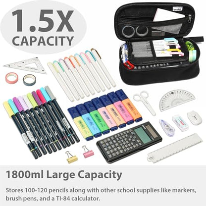 SPACEMATE Pencil Case Pouch Box Bag School Supplies Girls Boys Kids, Cute Preppy Stuff Large Big Capacity Aesthetic Pen Organizer, Back to College Stationary, Coal Black, Heavy Duty Canvas, 1800ml - color: Coal Black