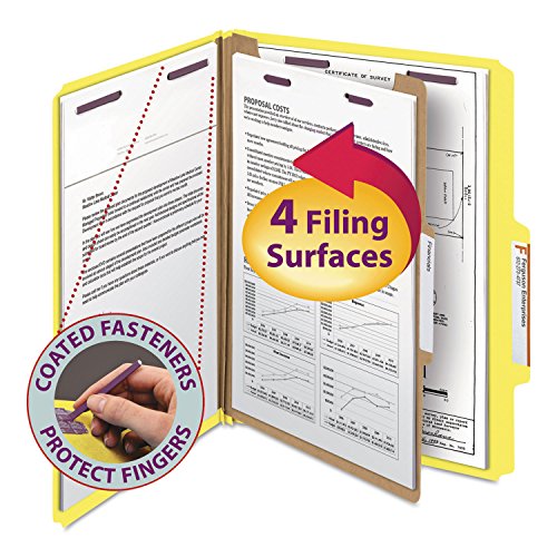 Smead Pressboard Classification File Folder with SafeSHIELD Fasteners, 1 Divider, 2" Expansion, Letter Size, Yellow, 10 per Box (13734) - color: Yellow