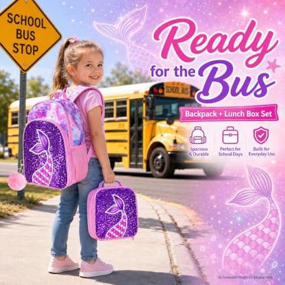 gxtvo 3PCS Girls Backpack, 16" Sequin Prechool Elementary Bookbag and Lunch Box - color: Fish Tail Pink