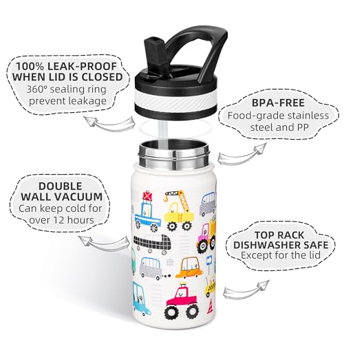 Fanhaw 14 Oz Kids Insulated Water Bottle with Straw - Stainless Steel Double Wall Vacuum Cup, Leakproof, BPA Free, Suitable for Boys and Girls(White - Heavy Traffic)