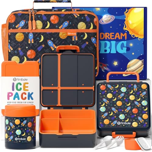 Fimibuke Kids Bento Snack Lunch Box with 4 Compartment, Insulated Lunch Bag, Stainless Steel Vacuum Thermo Food Jar, Ice Pack, Utensils Set, Birthday Gifts for Age 3-12 Back to School Toddler Girl Boy | Lunch Box Kids with 4 Compartment, Food Jar, Ice Pac