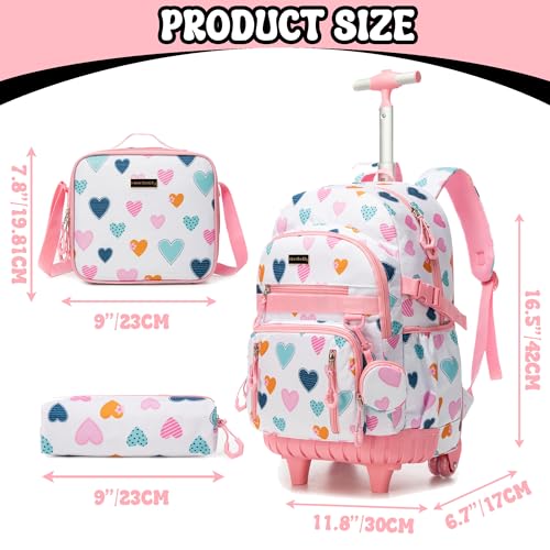 Rolling Backpacks for Kids Backpack for Girls with Lunch Bag Pencil Case 16.5" Kids Backpack with Wheels Roller Backpacks for Girls - color: Baiseaixin