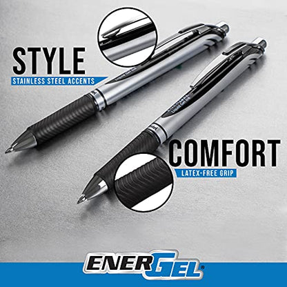 Pentel EnerGel RTX Retractable Liquid Gel Pen, (0.7mm) Medium Line, Metal Tip, Black Ink, Box of 12 (BL77-A)