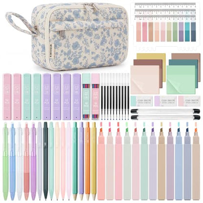 WOBAGMEN 62PCS Aesthetic School Supplies with Quilted Pencil Case, Pastel Highlighters, Gel Pens Mechanical Pencils Set, Cute Back to School Supplies, College Essentials (Blue Floral, M) - color: Blue Floral