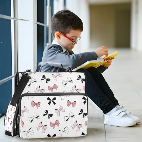 3-Ring Zipper Binder Bag, Bow 13 Inch Laptop Organizer with Shoulder Strap & Handle Multiple Pocket File Folder for School Office