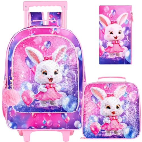 3Pcs Bunny Rolling Backpack for Girls, Kids School Backpacks with Wheels, Roller Bookbag with Lunch Box for Elementary Preschool(Pink) - color: Pink Rabbit