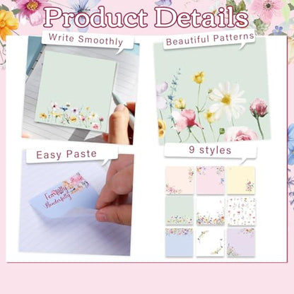 Wildflower Sticky Notes Gifts, 9 Pack Flower Notepads 3x3 Inches, Floral Spring Summer Self-Adhesive Memo Pads, School Teacher Office Study Supplies Gift (450 Sheets) - style: Wildflower