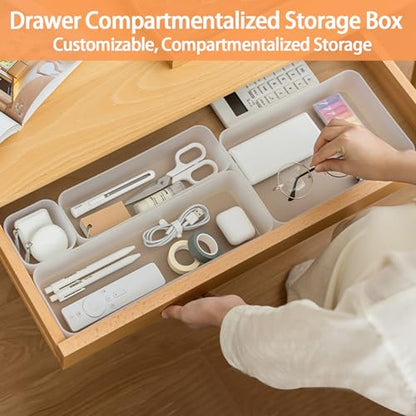 5PCS Frosted Plastic Drawer Organizers Set, 4 Sizes Desk Drawer Divider Organizers and Storage Bins Separation Box for Makeup, Jewelries, Gadgets, Bathroom, Kitchen, Office, Bedroom, Dresser