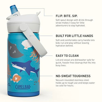 CamelBak Thrive Flip Straw Kids Insulated Stainless Steel Water Bottle with Bite Valve, Spill Resistant Easy Sip Design for School and Play, 12oz, Ocean Life - color: Ocean Life
