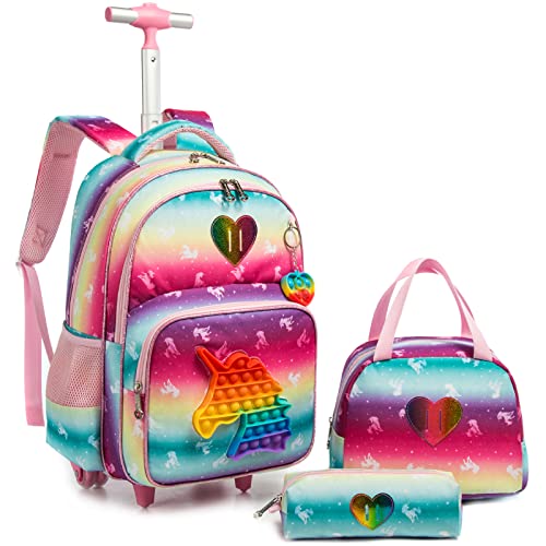 School Kids Rolling Backpack for Girls With Wheels Trolley Wheeled Backpack - color: Pink-220224-l