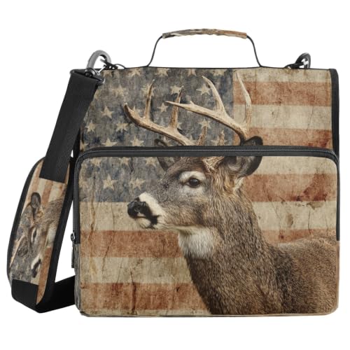 Rustic Deer USA Flag 3 D-Ring 2 inch Zipper Binder Bag with Shoulder Strap, Multi-Pocket Portfolio Organizer Case for 240 Inch Laptop Middle School