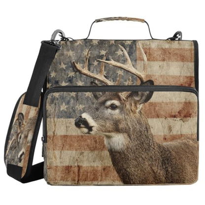 Rustic Deer USA Flag 3 D-Ring 2 inch Zipper Binder Bag with Shoulder Strap, Multi-Pocket Portfolio Organizer Case for 240 Inch Laptop Middle School