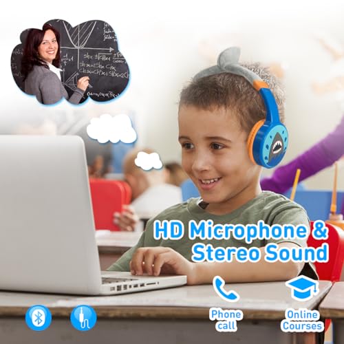 Kids Bluetooth Headphones Toddler Wireless/Wired Headphone with MIC Bluetooth 5.3 Stereo Sound Sharing Function Adjustable 85dB Safe Volume Limited SD Card Slot Kid Headset for Home School - style: Shark