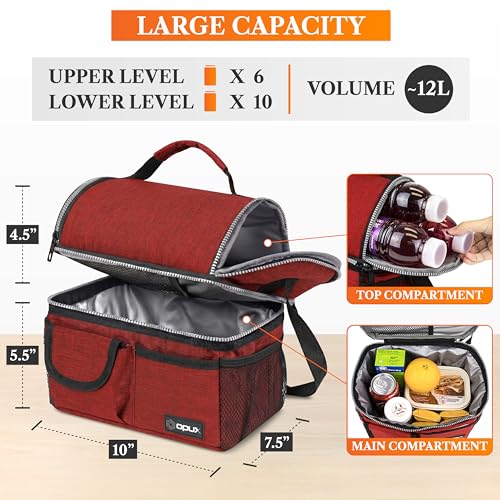 opux Insulated Lunch Bag Women Men, Dual Compartment Leakproof Lunch Box Adults Kids, Double Decker Meal Prep Bento Lunch Cooler Tote with Shoulder Strap for Work Office School Travel, Red - color: Heather Red