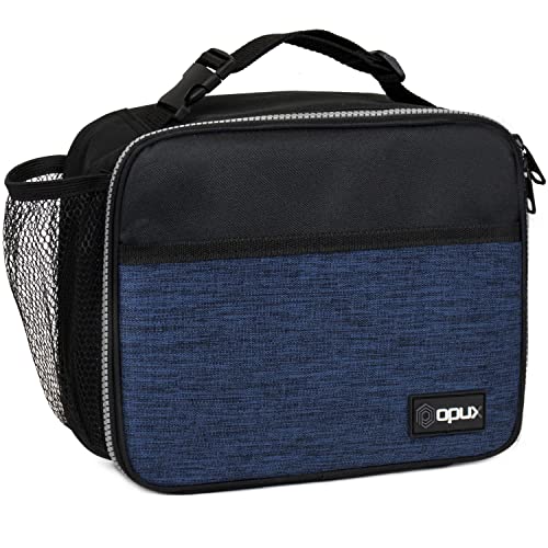 opux Insulated Lunch Bag for Kids, Reusable Lunch Box for School with Leakproof Lining, Compact Soft Cooler Tote for Boys & Girls, Front Pocket, Mesh Side Bottle Holder (Heather Navy) - color: Heather Navy