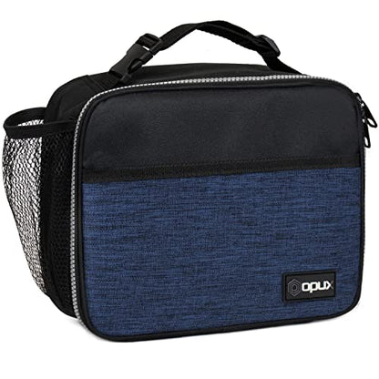 opux Insulated Lunch Bag for Kids, Reusable Lunch Box for School with Leakproof Lining, Compact Soft Cooler Tote for Boys & Girls, Front Pocket, Mesh Side Bottle Holder (Heather Navy) - color: Heather Navy