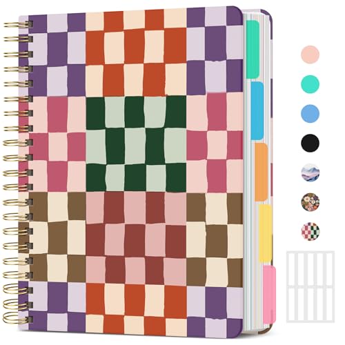 Large Spiral Lined Notebooks for Work with Removable Dividers & Tabs, 8.5"x11" Pretty Hardcover 5 Subject Notebook Journal for Women, College Ruled, Perfect for Study & Office Organization, 280 Pages,Checkered - color: N - Checkered