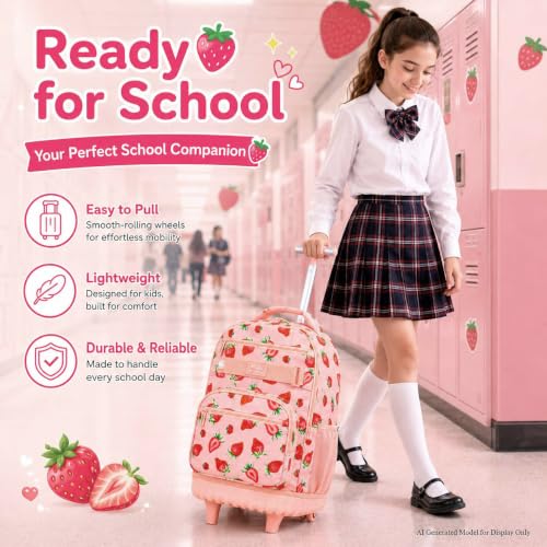 HPJGD Rolling Backpack for Girls, Womens Strawberry School Backpacks with Wheels, Water-Resistant Roller Kids Wheeled Bookbag Set with Lunch Box - color: Pink Strawberry Rolling Set