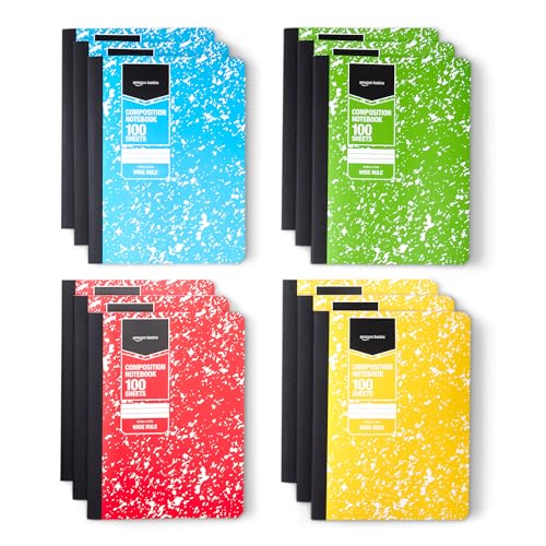 Amazon Basics Composition Notebook, Wide Ruled, 100 Sheets, 9.75" x 7.5", Assorted Marble Colors, 12-Pack - color: Assorted Marble Colors, size: Wide Ruled,12-pack