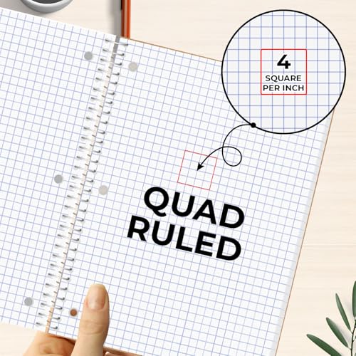 Rosmonde 24 Pack 1 Subject Graph Paper Spiral Notebook, 70 Sheets/140 Pages | Bulk 4x4 Grid Quad Ruled Spiral Notebook, 8 x 10-1/2", 3 Hole Punched, Bulk Quad Ruled Graph Paper Spiral Notebooks, Assorted - size: 24 Pack