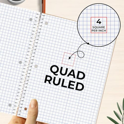 Rosmonde 24 Pack 1 Subject Graph Paper Spiral Notebook, 70 Sheets/140 Pages | Bulk 4x4 Grid Quad Ruled Spiral Notebook, 8 x 10-1/2", 3 Hole Punched, Bulk Quad Ruled Graph Paper Spiral Notebooks, Assorted - size: 24 Pack