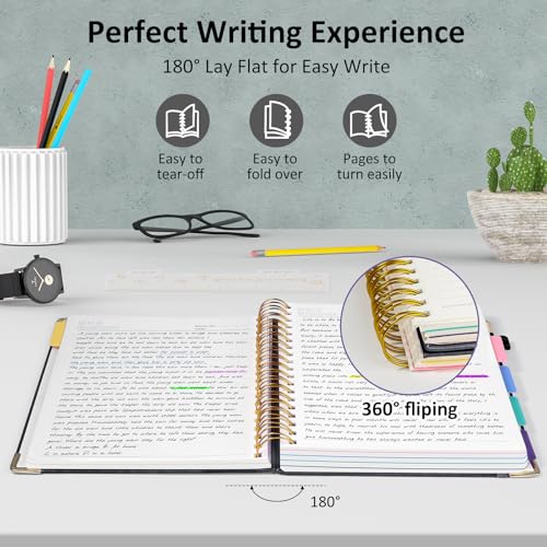 Hardcover Spiral Notebook Journal with Removable PVC Dividers - 8'' x 10'' Large 100 GSM Paper B5 Notebooks with Tabs, 300 Pages Leather 5 Subject Notebook College Ruled for Work School Notes, Black - color: Black