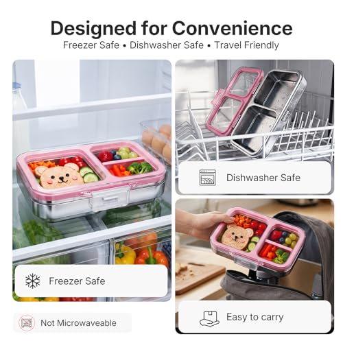 Leak-Resistant 18/8 Stainless Steel Bento Lunch Box Kids 7+ and Adults | 2 Swappable Style Accessories, BPA-Free Tritan Lid, Dishwasher Safe, School, Office & Travel - color: Pink