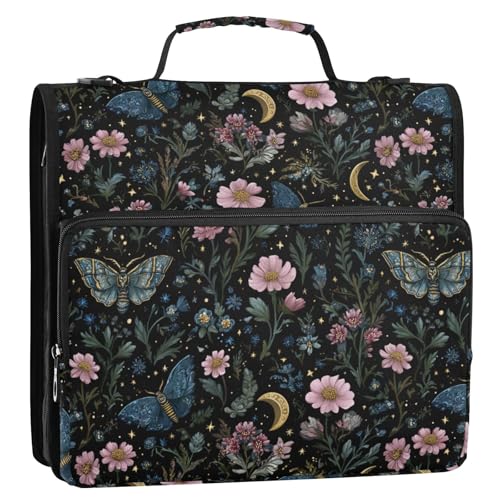 Moths Butterfly Gothic 3 D-Ring 2 inch Zipper Binder Bag with Shoulder Strap, School Multi-Pocket Portfolio Organizer Case for 13 Inch Laptop