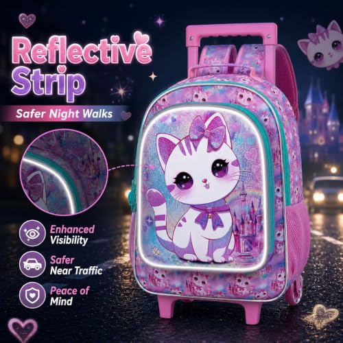 CCJPX 3PCS Rolling Backpack for Girls,Kids Cat Backpacks with Roller Wheels, Wheeled Bookbag with Lunch Box for Toddler Elementary School - color: White Cat