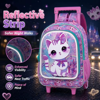 CCJPX 3PCS Rolling Backpack for Girls,Kids Cat Backpacks with Roller Wheels, Wheeled Bookbag with Lunch Box for Toddler Elementary School - color: White Cat