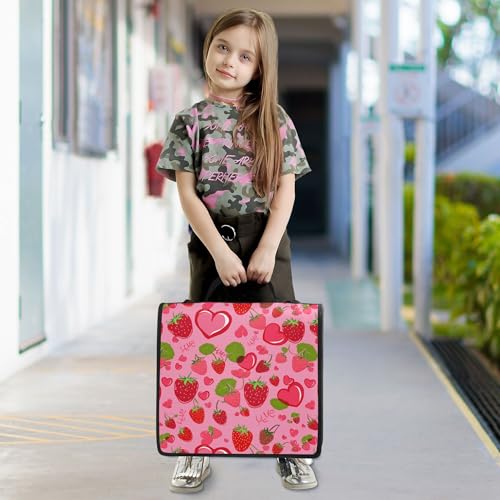 Cute Strawberry Zipper Binder 3 Ring with Shoulder Strap, Multiple Pockets Expanding File Folder Binder Bag Organizer