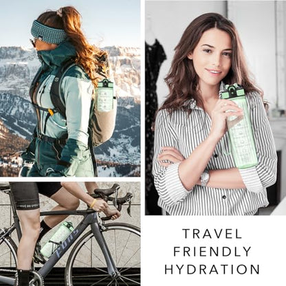 Hyeta Water Bottle with Straw & Time Marker, Plastic 32oz Leakproof | Motivational Tritan BPA Free Gym Office Outdoor Intake Tracker Hourly Reminder Straw Lid Carry Strap - color: Clear Green