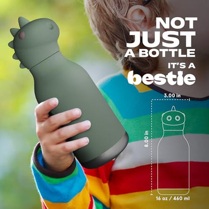 asobu Bestie Bottle Insulated Stainless Steel Water Bottle with Detachable Soft Animal Head Fun Drinking for Kids and Teens with Flexible Reusable Straw 16 Ounce (Dinosaur) - color: Dino