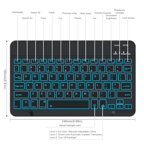Backlit Bluetooth keyboard for Phone, Tablet, iPad Air, Pro, Mini, A16, M2, M3, Galaxy, ChromeBook, MackBook, Wireless Travel Keyboard for Computers - Rechargable, Lightweight, Slim, Easy to Carry