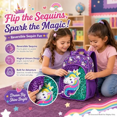 gxtvo 3PCS Girls Backpack, 16" Sequin Prechool Elementary Bookbag and Lunch Box - color: Unicorn Purple Hw