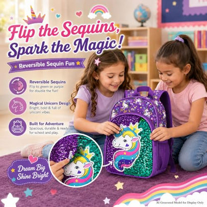 gxtvo 3PCS Girls Backpack, 16" Sequin Prechool Elementary Bookbag and Lunch Box - color: Unicorn Purple Hw