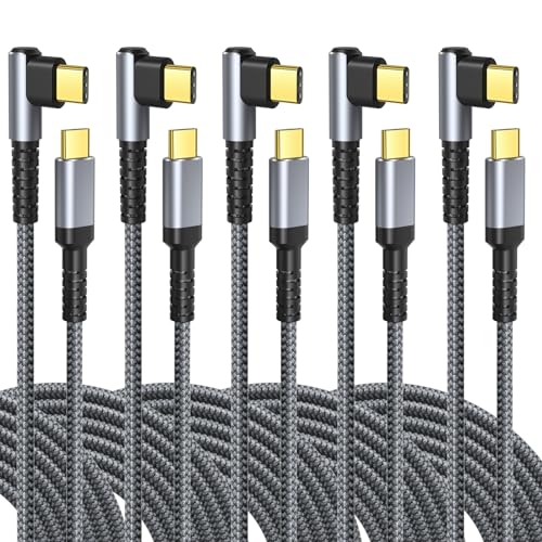 OKRAY USB C Cable 10ft, 5-Pack 60W Fast Charging USB-C 90 Degree Angle Cord | USB C to USB C Long Braided Type C to Type C Android Charger Cords for Galaxy S26 S25 S24 A16, Pixel 10, iPhone 17 16 15 Pro - color: Grey Grey Grey Grey Grey