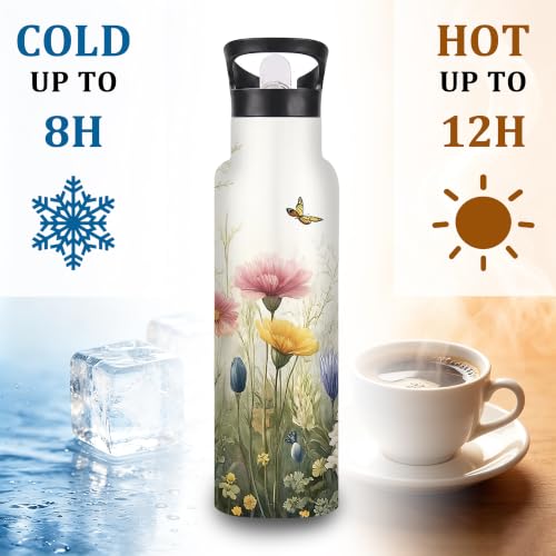 Flower Insulated Water Bottle,Butterfly Stainless Steel Water Bottles 20 oz with Straw Lid,Leak Resistant Double Wall Insulated Flask with Handle for Travel Outdoor Gym - color: Flower,Butterfly