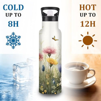 Flower Insulated Water Bottle,Butterfly Stainless Steel Water Bottles 20 oz with Straw Lid,Leak Resistant Double Wall Insulated Flask with Handle for Travel Outdoor Gym - color: Flower,Butterfly