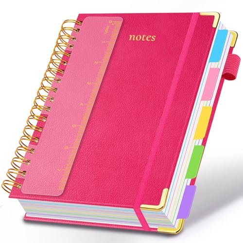 Hardcover Spiral Notebook 6.2"x 8.2" Journal Notebook with Tabs and Removable Dividers 300 Pages 5 Subject Notebook College Ruled, Faux Leather Spiral Bound Notebook for Women School Work(Rose Red) - color: Rose Red, size: 6.2"x8.2"(A5)