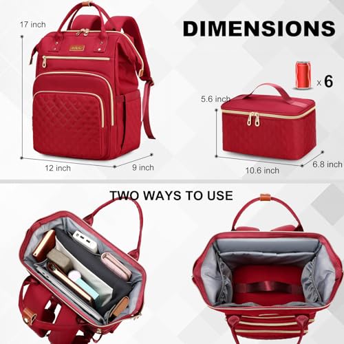 AIJIEKE Lunch Backpack for Women, 15.6 Laptop Backpack, Lunch Box, Red | Water resistant computer bag with insulated leakproof cooler. Travel meal prep backpack for nurse, teacher, college commute - color: Red